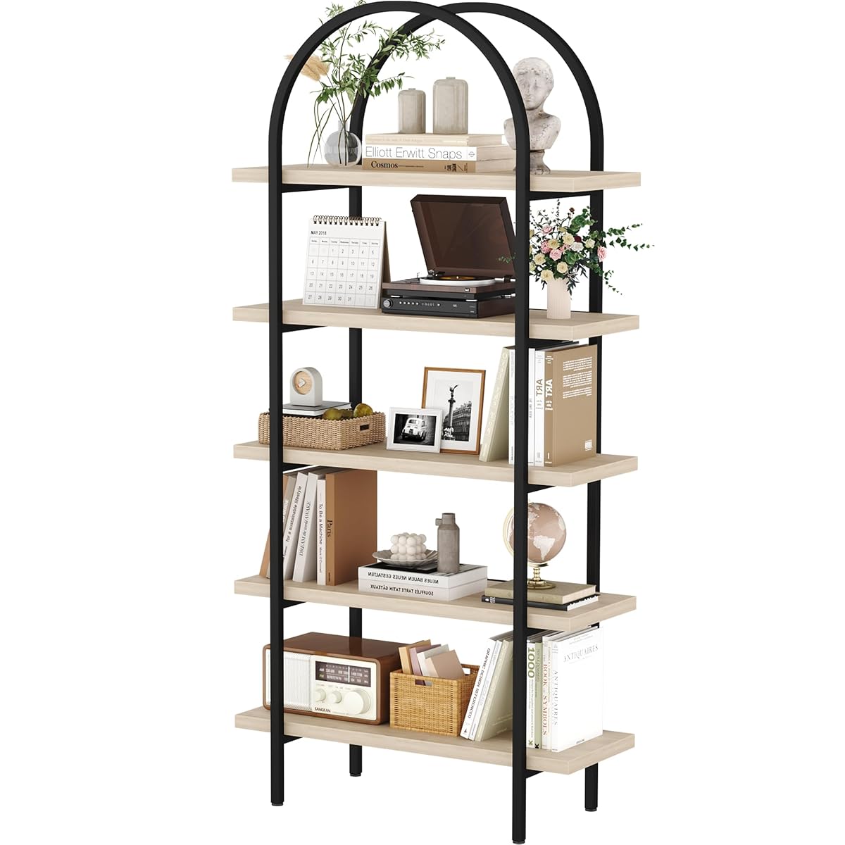 Bookshelf 5 Tier Arched Bookcase, 74" Tall Industrial Open Book Shelves for Living Room, Modern Freestanding Display Shelving Storage Rack with Metal Frame, Office, Bedroom, Natural Wood Color