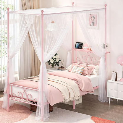 Twin Metal Canopy Bed Frame with Storage Headboard, 4 Poster Bed, Pink