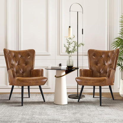 Accent Chairs Set of 2, Brown PU Leather Reading Armchair with High Backrest, Wingback Corner Chair Mid Century Modern for Living Room, Bedroom, Waiting Room