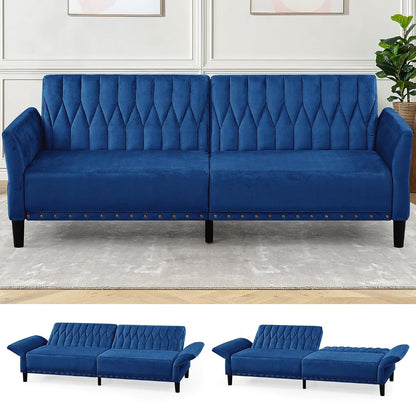 77” Velvet Sofa Bed with Adjustable Armrests and Backrests, Blue | Tufted Convertible Futon Couch with Nailhead Trim, Loveseat Modern Velvet Sleeper Sofa for Living Room,Bedroom,Office