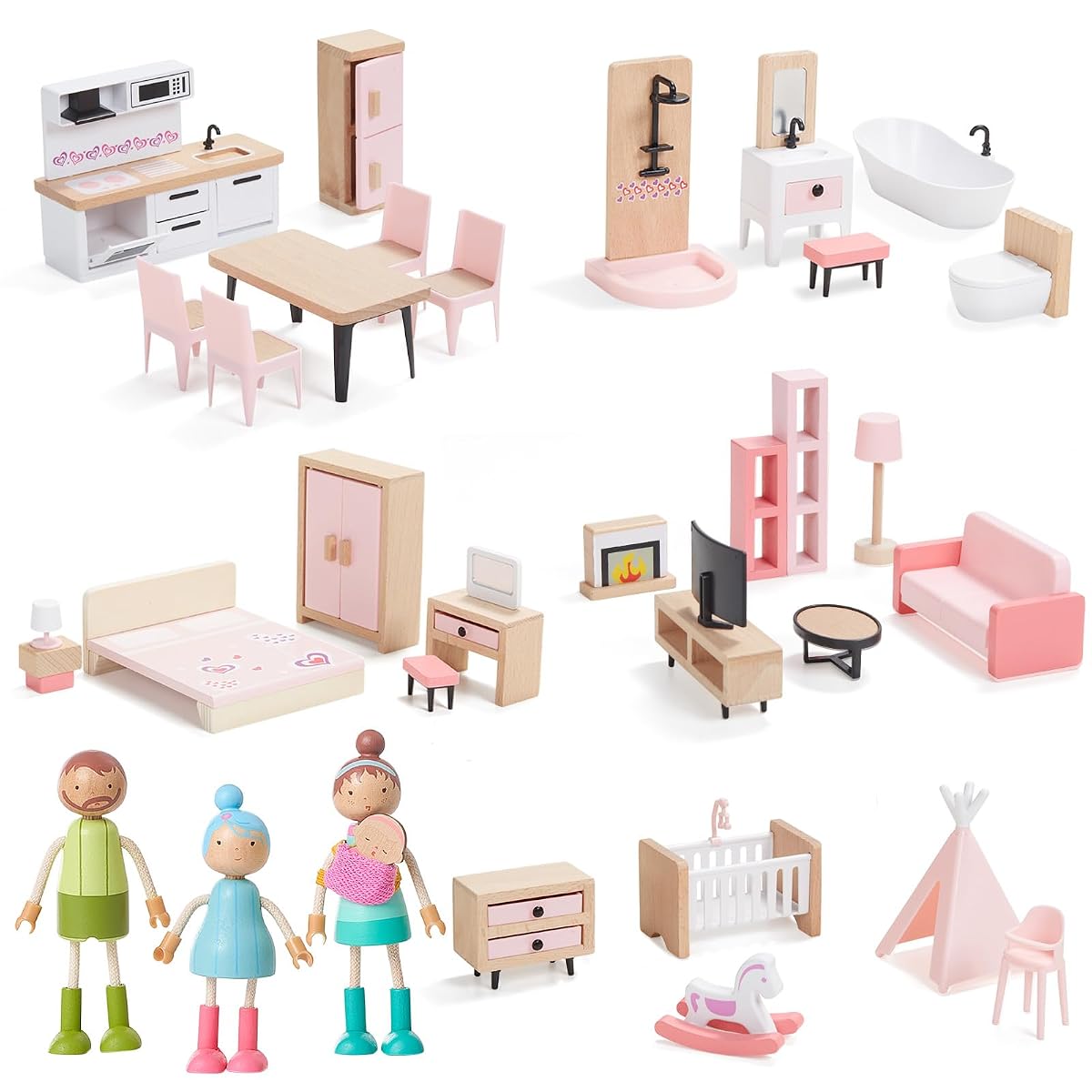 36pcs Wooden Dollhouse Furniture Set with Dolls for 5 Rooms, Wood & Plastic Pink Dollhouse Accessories Pretend Play Furniture Toy Christmas Birthday Gift Toy for Kids Boys Girls Toddler 3+