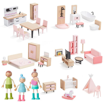 36pcs Wooden Dollhouse Furniture Set with Dolls for 5 Rooms, Wood & Plastic Pink Dollhouse Accessories Pretend Play Furniture Toy Christmas Birthday Gift Toy for Kids Boys Girls Toddler 3+