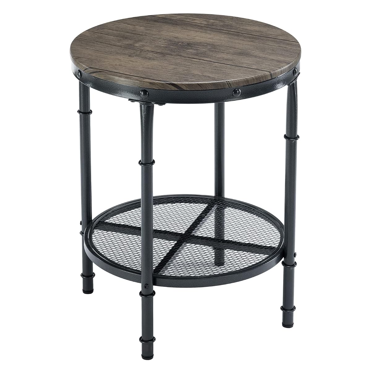 20" Side Table, Round End Tables Living Room, Industrial Small End Table with Metal Mesh, Rustic Farmhouse Side Tables for Bedroom, Office, Corner, Walnut