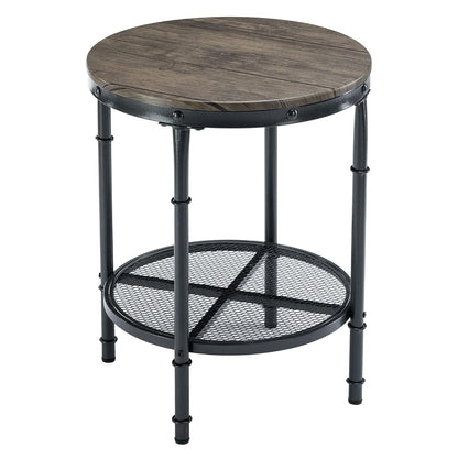 20" Side Table, Round End Tables Living Room, Industrial Small End Table with Metal Mesh, Rustic Farmhouse Side Tables for Bedroom, Office, Corner, Walnut