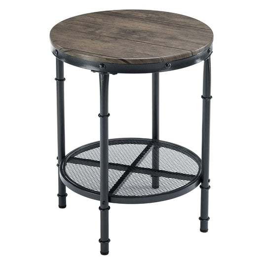 20" Side Table, Round End Tables Living Room, Industrial Small End Table with Metal Mesh, Rustic Farmhouse Side Tables for Bedroom, Office, Corner, Walnut