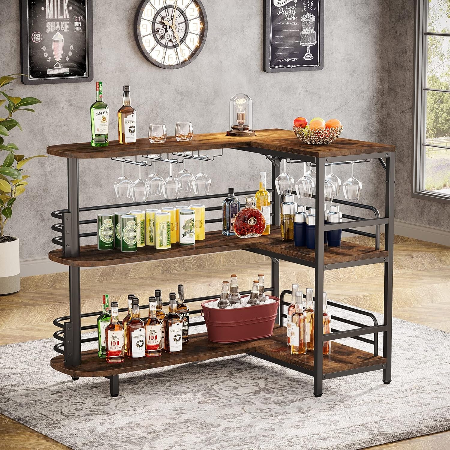 L-Shaped Home Bar Unit, 3 Tier Liquor Table with Storage Shelves and Wine Glasses Holder, Industrial Corner Wine Cabinet Mini Bar for Home Kitchen Pub, Rustic Brown