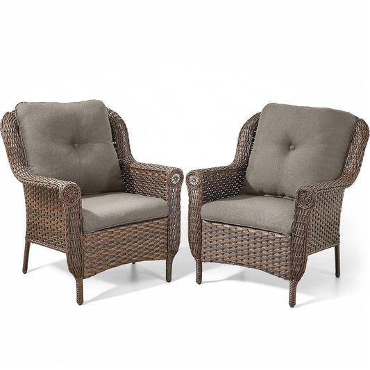 Patio Wicker Chairs Outdoor Furniture Chair - Set of 2 Outside All Weather Lawn Dining Brown Rattan Armchair with High Back&Deep Seating for Deck Porch Balcony Backyard Garden - Grey