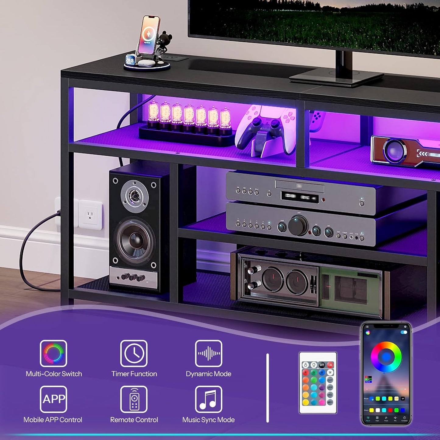 LED TV Stand with Charging Station, 4-Tier Entertainment Gaming Center, Modern Media Console Table, Open Shelves, 55.1"L X 13.8"W X 26.2"H, for Tvs up to 65", for Living Room, Black BB47UDDS01