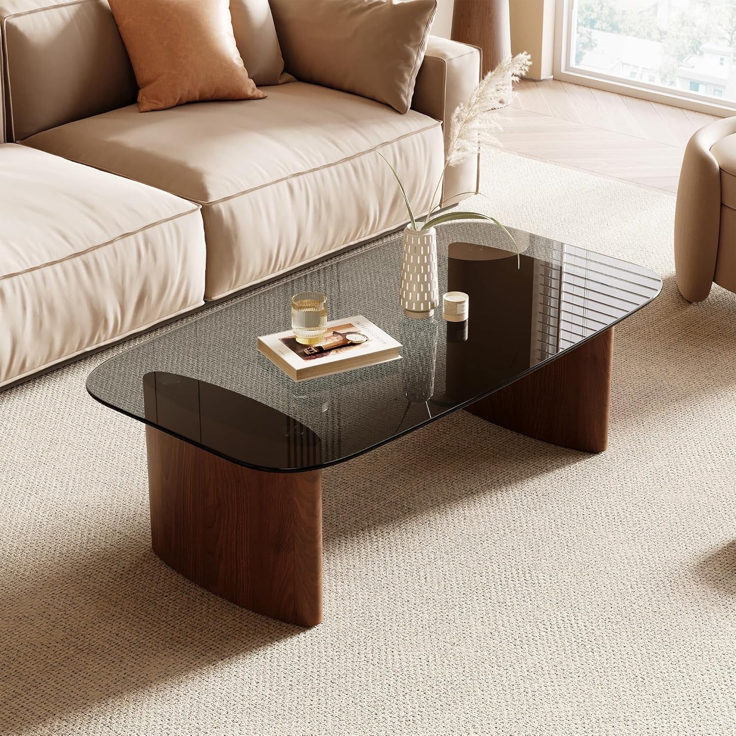 Modern Glass Coffee Table, Coffee Table for Living Room,Tempered Glass-Top with Sturdy Wooden Base, Modern Coffee Tables for Small Space, Apartment, Office, Minimalist Design (Walnut)