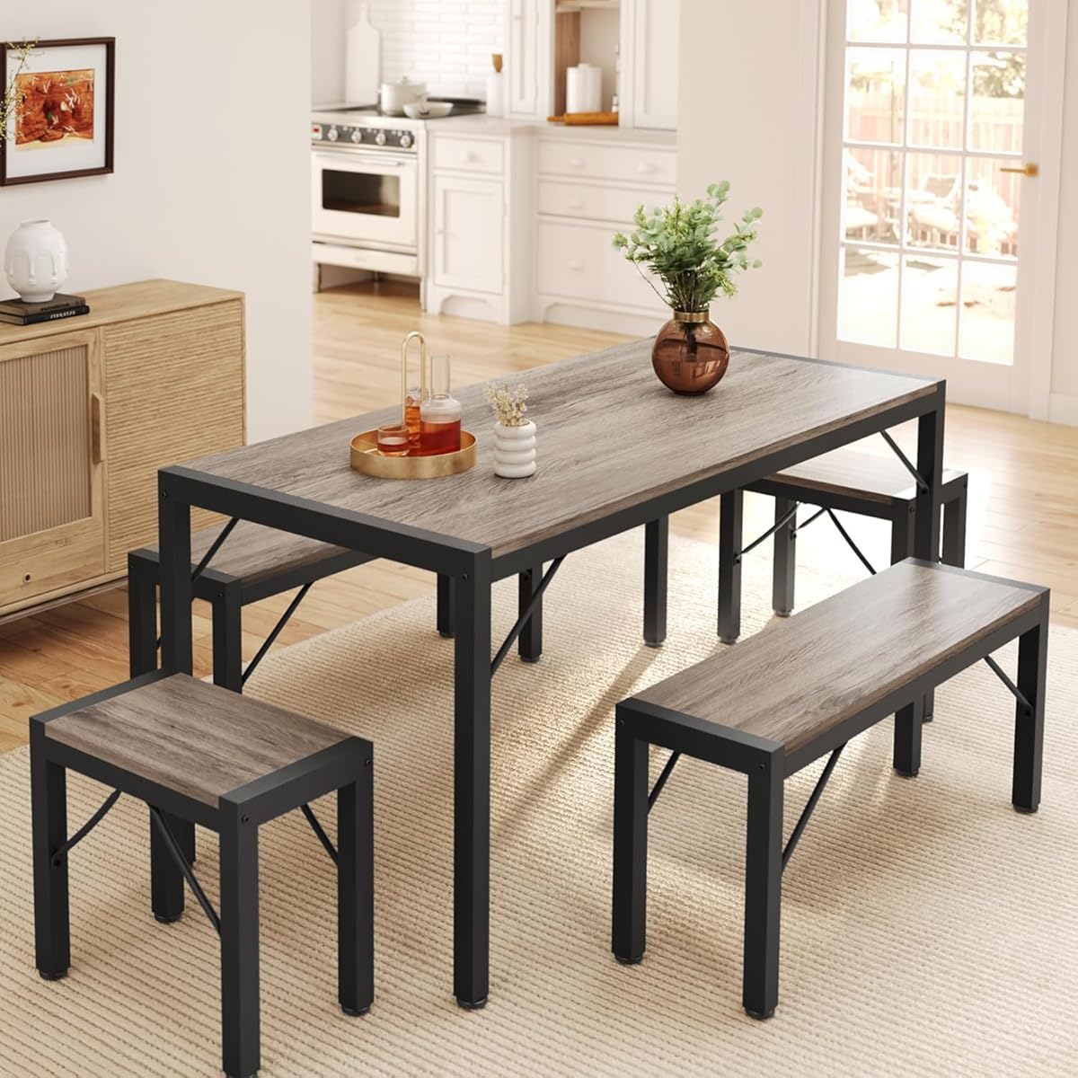 63" Dining Room Table Set for 6, Kitchen Table with 2 Benches and 2 Stools, Dining Table Set with Metal Frame, Space-Saving Kitchen Table Set for Apartment, Grey