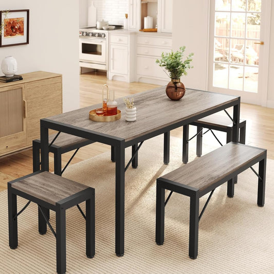 63" Dining Room Table Set for 6, Kitchen Table with 2 Benches and 2 Stools, Dining Table Set with Metal Frame, Space-Saving Kitchen Table Set for Apartment, Grey