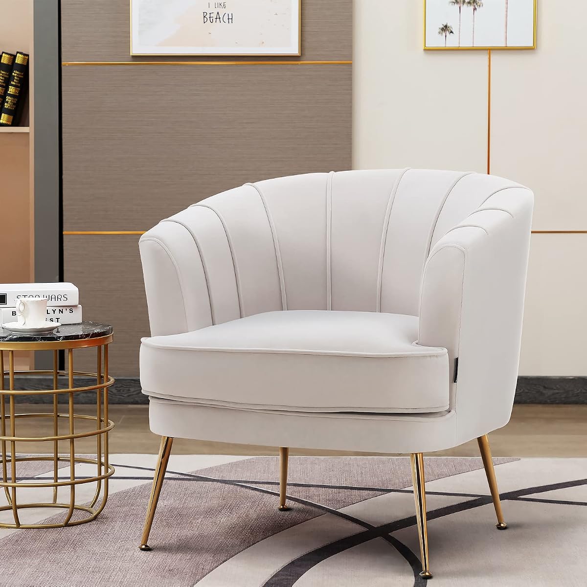 Modern Velvet Barrel Chair Accent Armchair with Golden Legs for Living Room Bedroom Home Office, Channel Tufted Back Club Chair, Beige White Cream