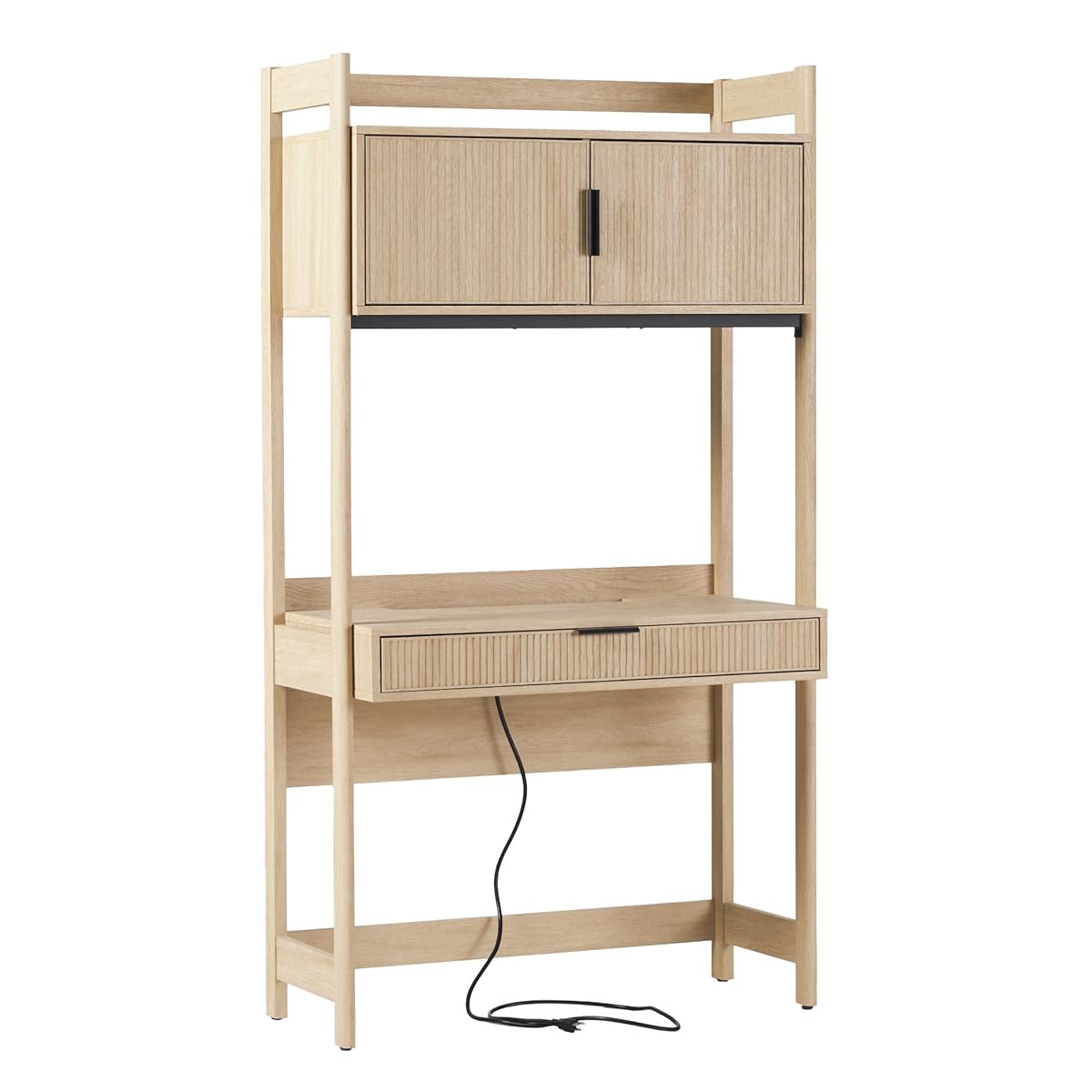 Modern Transitional Interior Design Reeded Desk with Hutch and Drawers, Built-in Tech, Desk with Cord Management, Storage for Small Living Spaces, 38”W x 19”D x 70”H, Coastal Oak