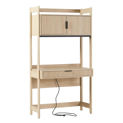 Modern Transitional Interior Design Reeded Desk with Hutch and Drawers, Built-in Tech, Desk with Cord Management, Storage for Small Living Spaces, 38”W x 19”D x 70”H, Coastal Oak