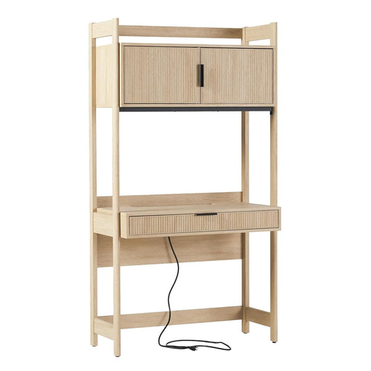 Modern Transitional Interior Design Reeded Desk with Hutch and Drawers, Built-in Tech, Desk with Cord Management, Storage for Small Living Spaces, 38”W x 19”D x 70”H, Coastal Oak
