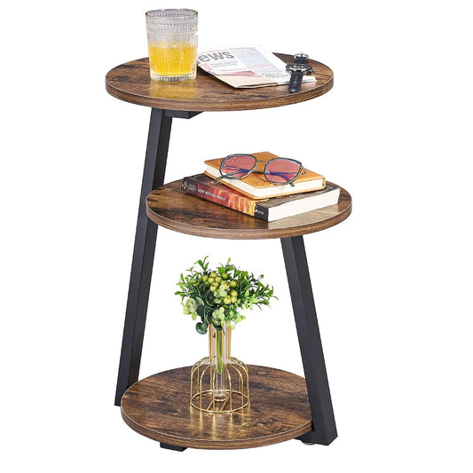 Small Round Side Table, 3-Tier End Table with Storage Shelves | Small End Table, Nightstand with Metal Frame, Vintage Accent Table for Small Spaces with Storage Shelf, Living Room, Bedroom