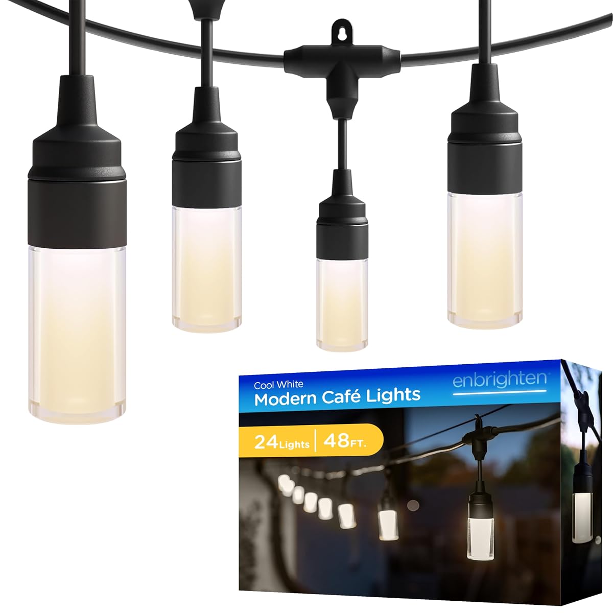 Modern Outdoor String Lights, 48ft, 24 Cylindrical Shatterproof Bulbs, Cool White 4000K, Weatherproof, Commercial Grade Patio Lighting, 87751