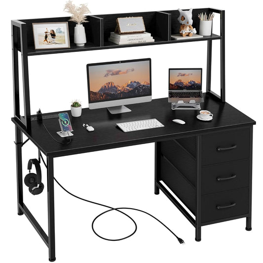 DLisiting Black Computer Desk with Hutch & Drawers - Office Desk with 3 Storage Drawers and Power Outlets, 47 Inch Modern Study Writing Desk for Bedroom Home Office