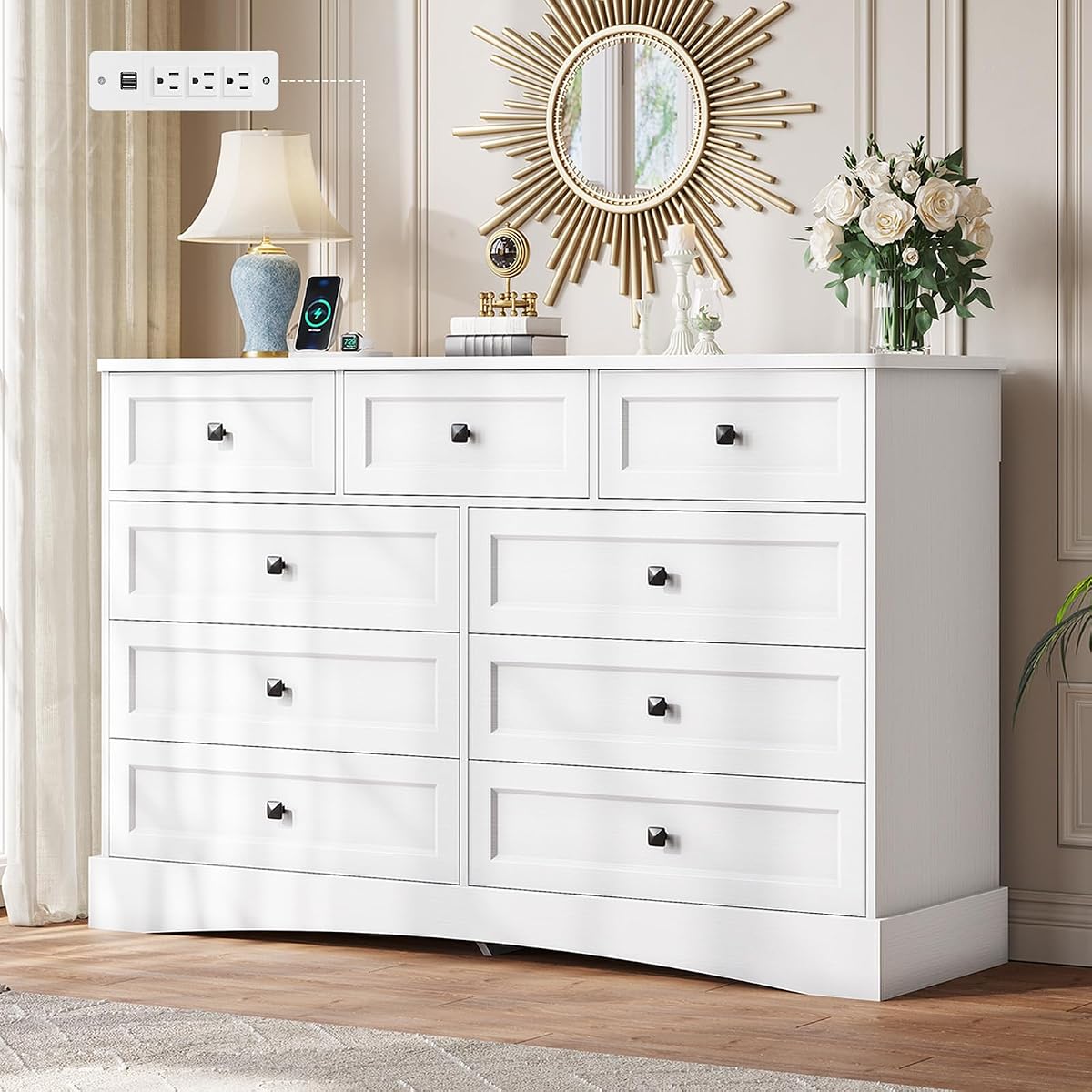 White Dresser for Bedroom with 9 Drawers