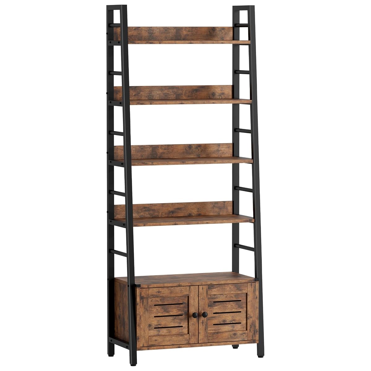 4 Tier Ladder Bookcase with Louvered Doors Rustic Brown | Bookshelf; Ladder Shelf;bottom cabinet; anti tip kit; for Bedroom Living Room Home Office