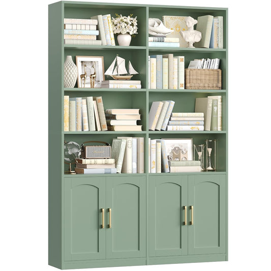 Bookshelf and Bookcase with Doors, 6 Tier Double Wide Large Bookshelves, Open Display Shelves, 73'' Tall Bookshelf with Storage Cabinets for Home Office, Living Room, Library, Green