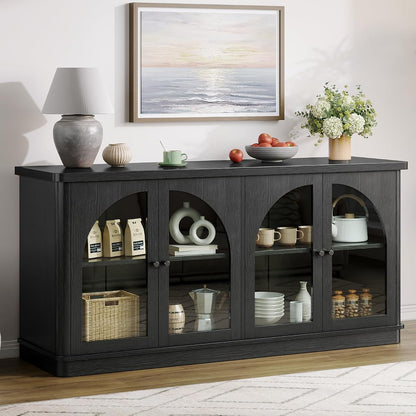 63 Inch Sideboard Buffet Cabinet with Glass Doors and 4 Doors Black