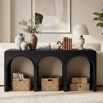 67" Long Arched Console Table, 15.5" Deep Modern Designer Entryway Table, Sculptural Triple Arch Sofa Table for Living Room, Hallway, Behind Couch, Multi-Scene Accent Furniture, Black Wood Finish