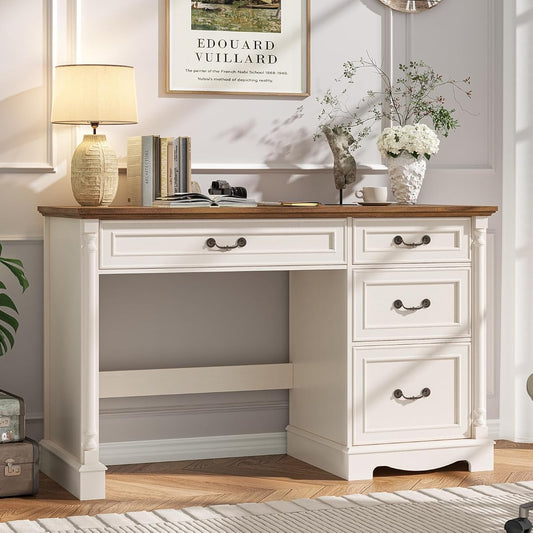 Roman Style 47" Executive Desk with File Drawer,4 Drawers Farmhouse Computer Desk with Roman Column Design,for Study, Home Office, Writing.