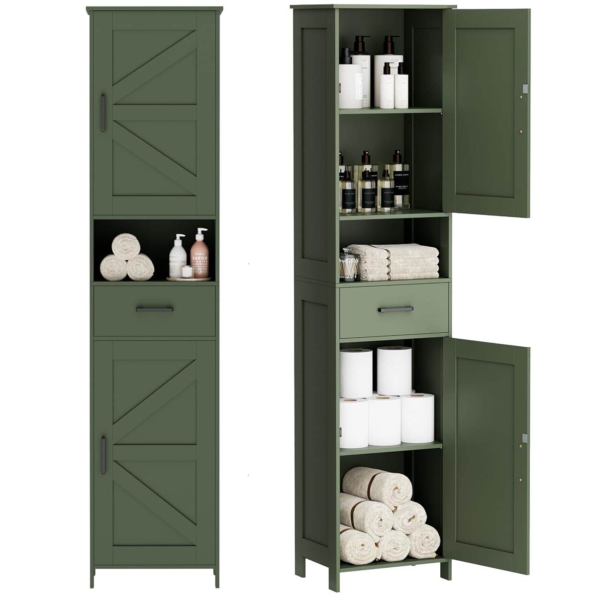 67" H Tall Bathroom Storage Cabinet with Barn Doors and Drawer