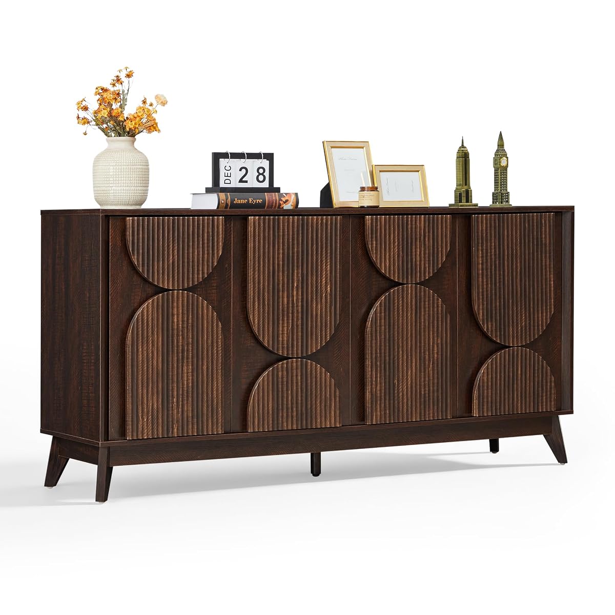 63 Inch Mid Century Modern Fluted Sideboard Buffet Cabinet Dark Walnut