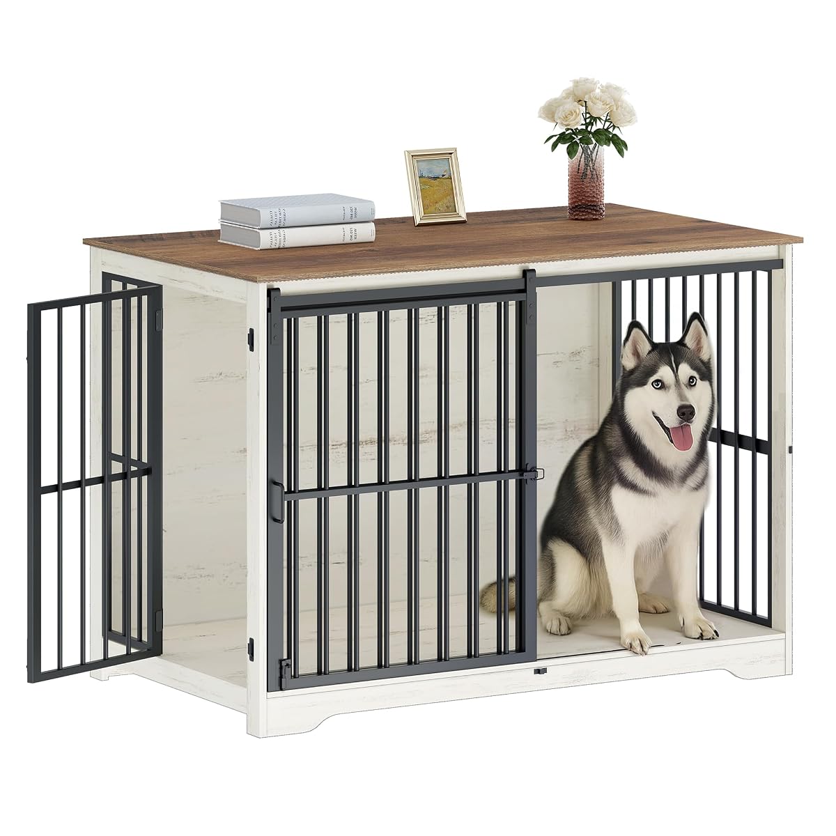 XXL Large Dog Crate Furniture, 46.9" Indoor Dog Kennel Furniture with Barn Door, Wooden Tall Dog Crate, Heavy Duty Dog Cage for Large Dogs, Side End Table, Anti-Chew, White Brown DFC83814B