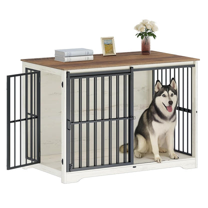 XXL Large Dog Crate Furniture, 46.9" Indoor Dog Kennel Furniture with Barn Door, Wooden Tall Dog Crate, Heavy Duty Dog Cage for Large Dogs, Side End Table, Anti-Chew, White Brown DFC83814B