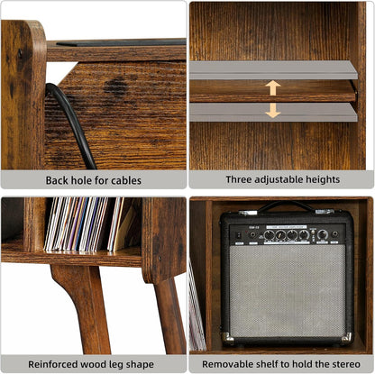 Record Player Stand with Charging Station Holds up to 220 Albums, Brown Turntable Stand with 4 Cabinet, Large Mid-Century Record Player Table,Vinyl Holder Storage for Bedroom Living Room