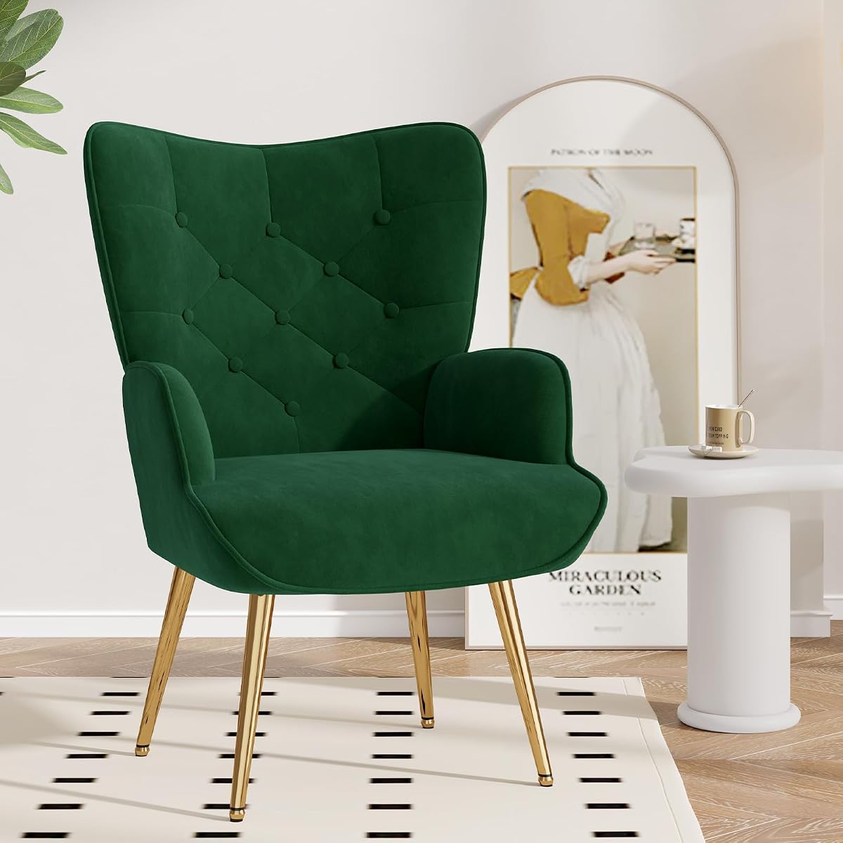 Mid Century Modern Velvet Accent Chair, Tufted Button High Back Chair, Upholstered Wingback Armchair with Metal Legs, High Back Side Chair for Living Room Bedroom, Green