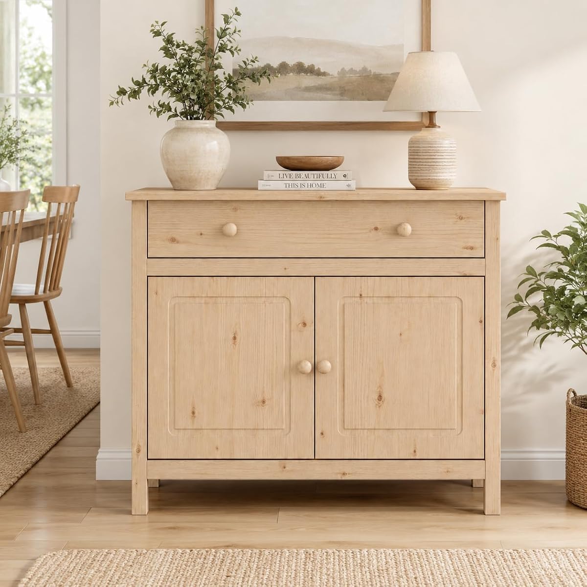 44" Wide Solid Pine Shaker Sideboard Buffet Cabinet — 2 Doors with Adjustable