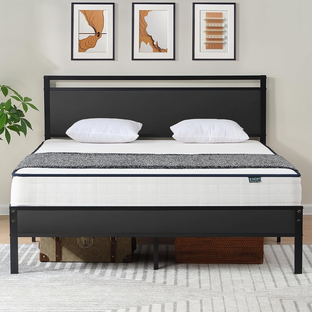 Full Bed Frame with Wooden Headboard & Footboard,Metal Platform Bed