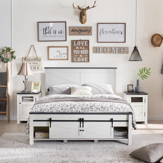 Farmhouse Wood Bed Frame Queen Size with Sliding Barn Door Storage Cabinets and Headboard, Solid Wood Slats Support, Noiseless, No Box Spring Needed, Antique White