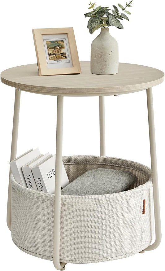 Small round Side End Table, Modern Nightstand with Fabric Basket, Cream White ULET223K67