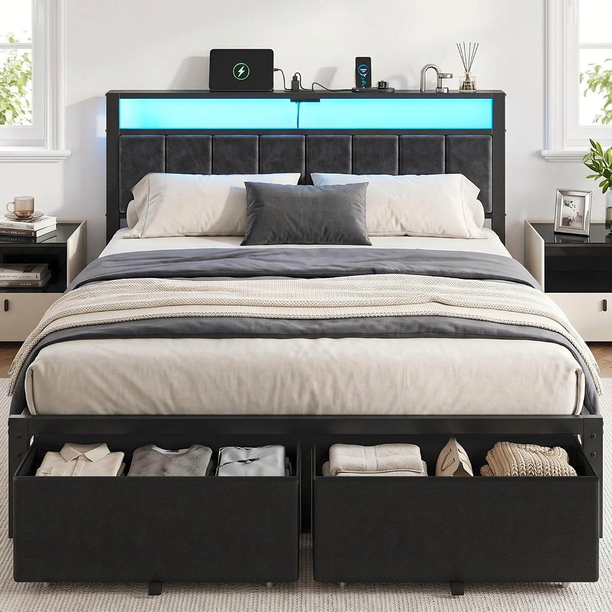 Queen Size Bed Frame with Upholstered Headboard and 2 Storage Drawers