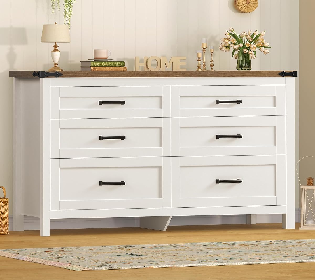 47.2" Dresser for Bedroom, White 6 Drawer Dresser with Metal Handles