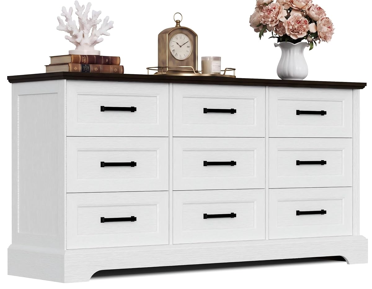 57" Farmhouse Dresser for Bedroom, 9 Drawers Dresser, White & Brown