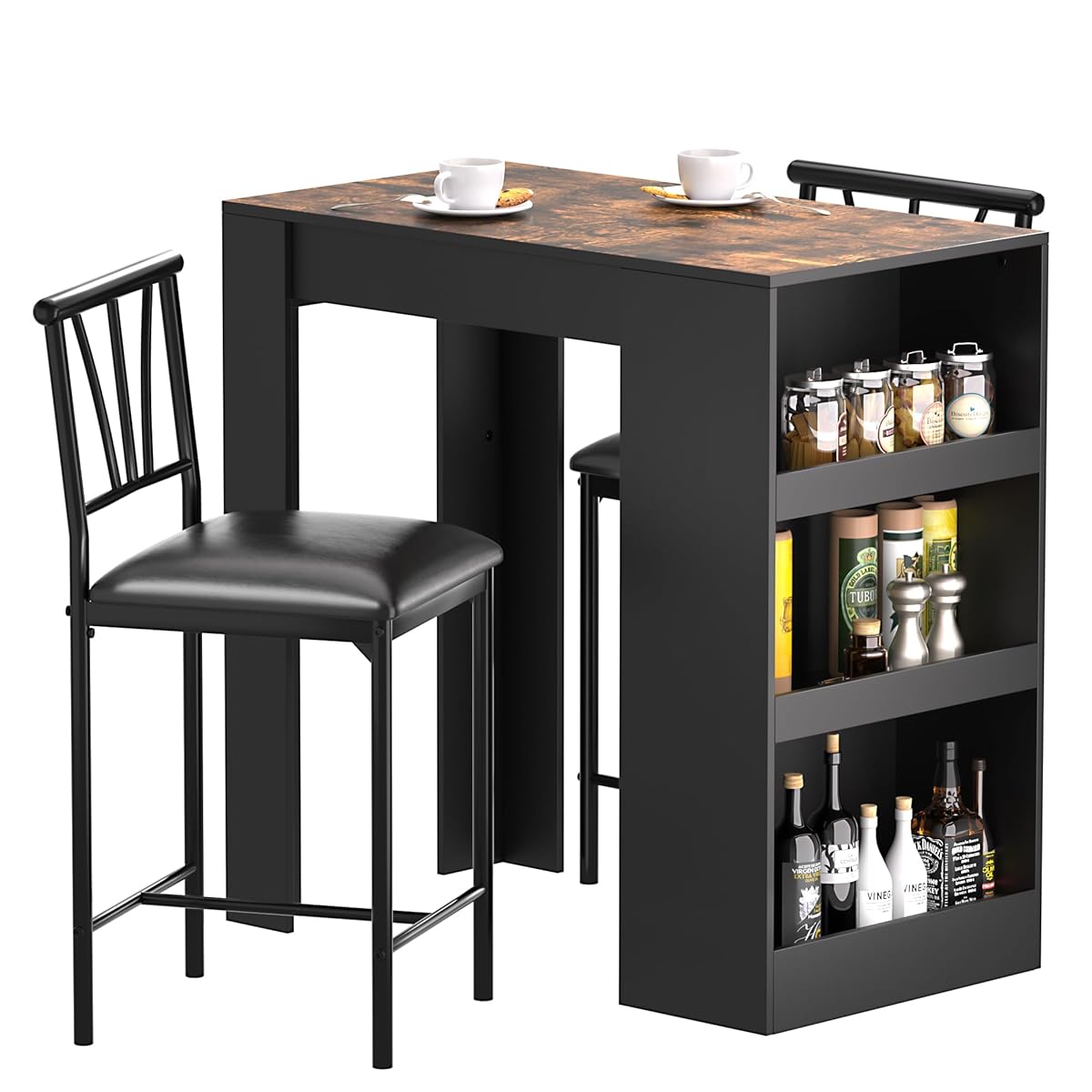 Small Bar Table and Chairs Tall Kitchen Breakfast Nook with Stools/Dining Set for 2, Storage Shelves, Space-Saving, Retro