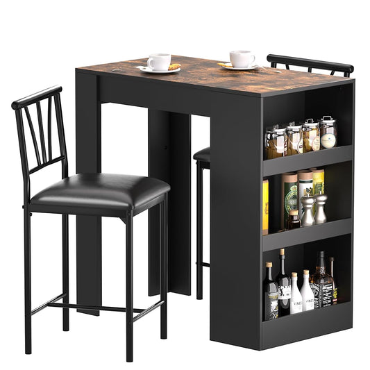 Small Bar Table and Chairs Tall Kitchen Breakfast Nook with Stools/Dining Set for 2, Storage Shelves, Space-Saving, Retro