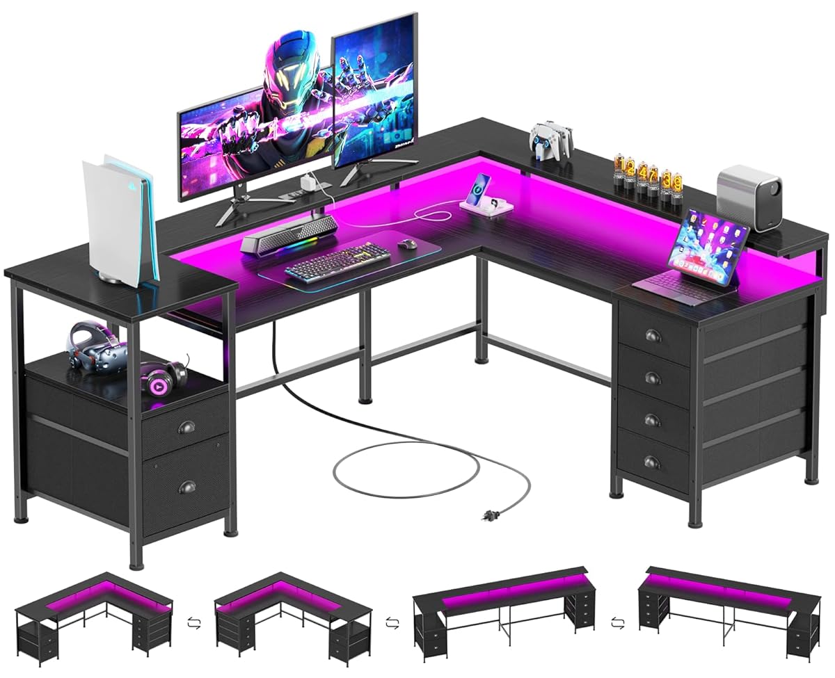 66" Reversible L Shaped Gaming Desk with 6 Drawers & Printer Storage Shelves, Corner Computer Desk with Power Outlets & LED Lights, Home Office Table with Monitor Stand, Black