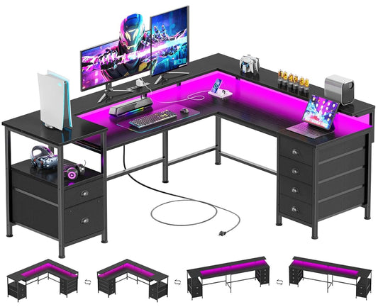 66" Reversible L Shaped Gaming Desk with 6 Drawers & Printer Storage Shelves, Corner Computer Desk with Power Outlets & LED Lights, Home Office Table with Monitor Stand, Black