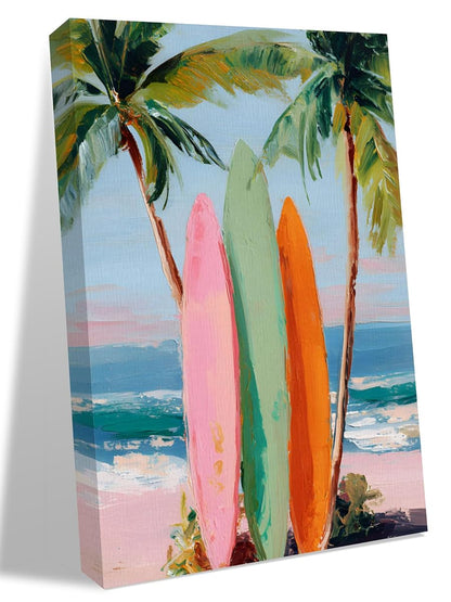 NuYeBiofx Watercolor Tropical Beach Scene Canvas Wall Art Prints,40"x28" Framed Picture Artwork Summer Coconut Tree Surfboard Printed Canvas Oil Painting for Living Room Bedroom Office,Ready to Hang