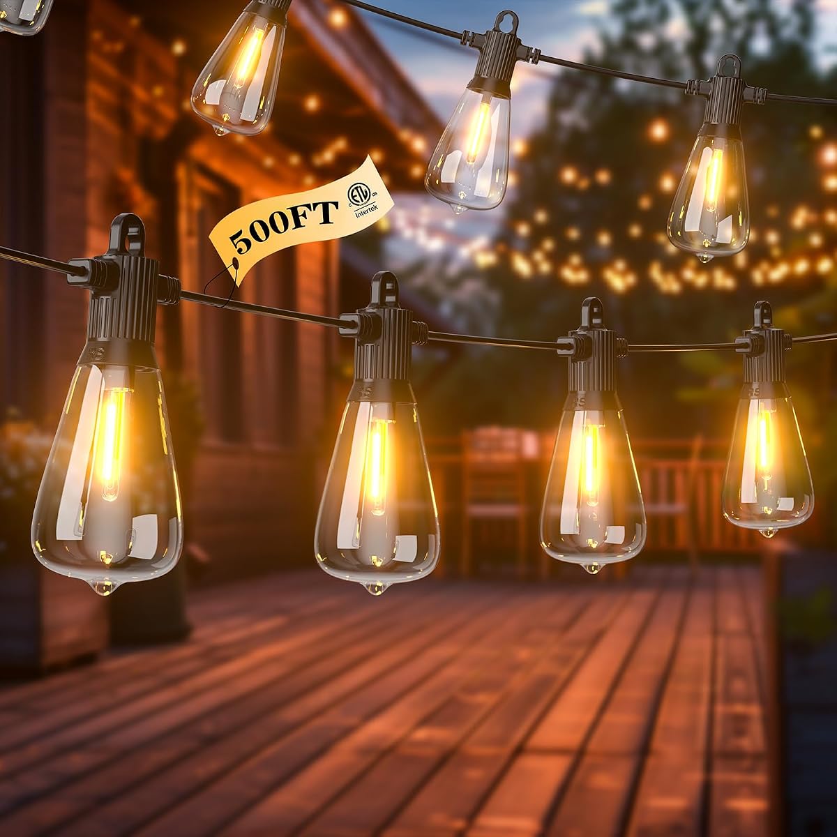 LED Outdoor String Lights, 500FT Outside Waterproof Hanging Patio Lights with 250+10 Shatterproof ST38 Edison Bulbs, 2700K Warm White, Dimmable Light for Back Yard Porch Party Gazebo Bistro