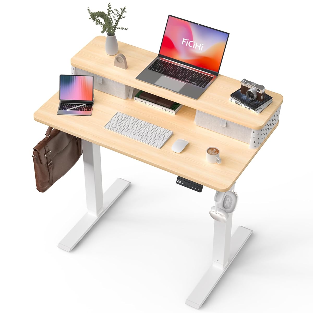 40x24 Inch Standing Desk with Drawers, C-Clamp Mount Compatible, Electric Adjustable Height Computer Small Stand Up Desks, Home Office Sit Stand Table with 3 Preset Heights, Maple