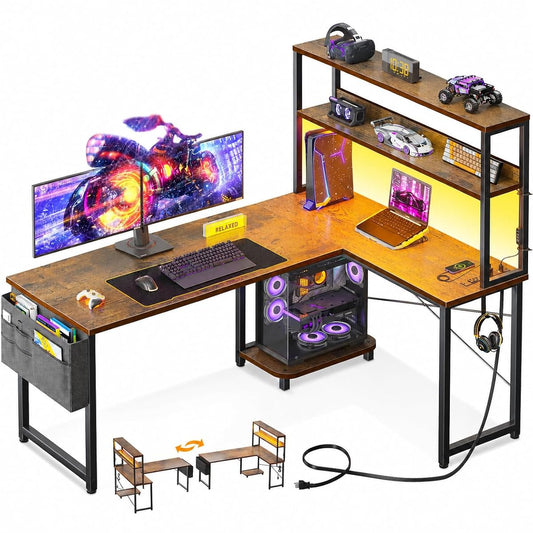 53" L Shaped Gaming Desk with Shelves, LED & Outlets, Vintage