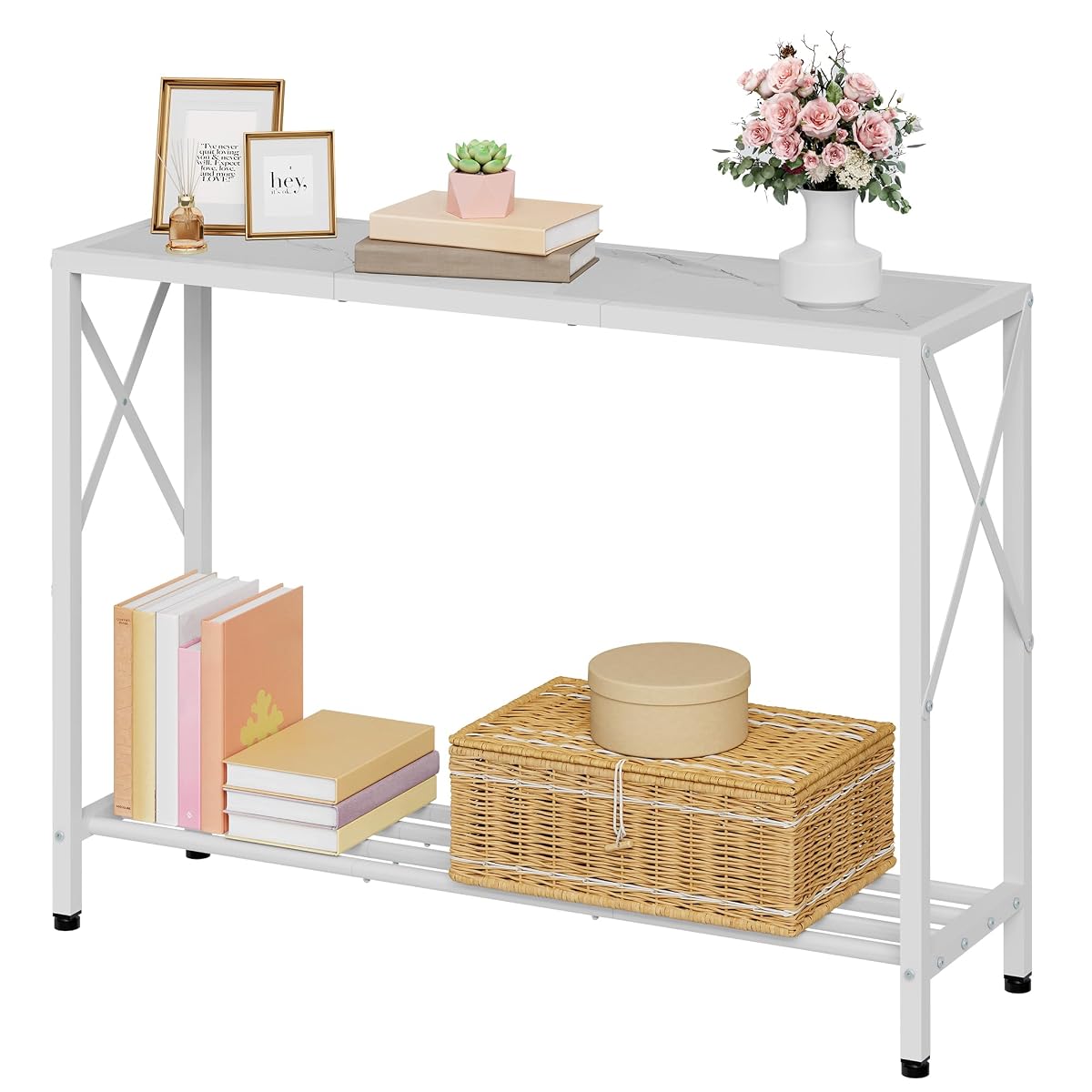 Console Table 41.8”, 2-Tier Entryway Table Narrow Sofa Table with Shelves, Entrance Table with Stable X-Frame, for Entryway, Hallway, Living Room, Foyer, Corridor, Office, White
